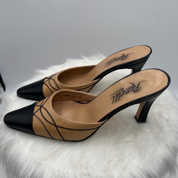 Renetti Women Luna Black and Tan Leather Pointed Toe Mules Heels Shoes Size 6.5M - Picture 2 of 11